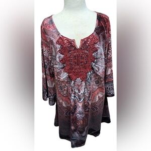 🆕ONE WORLD Embellished Longline Tunic - Burgundy & Brown M🆕